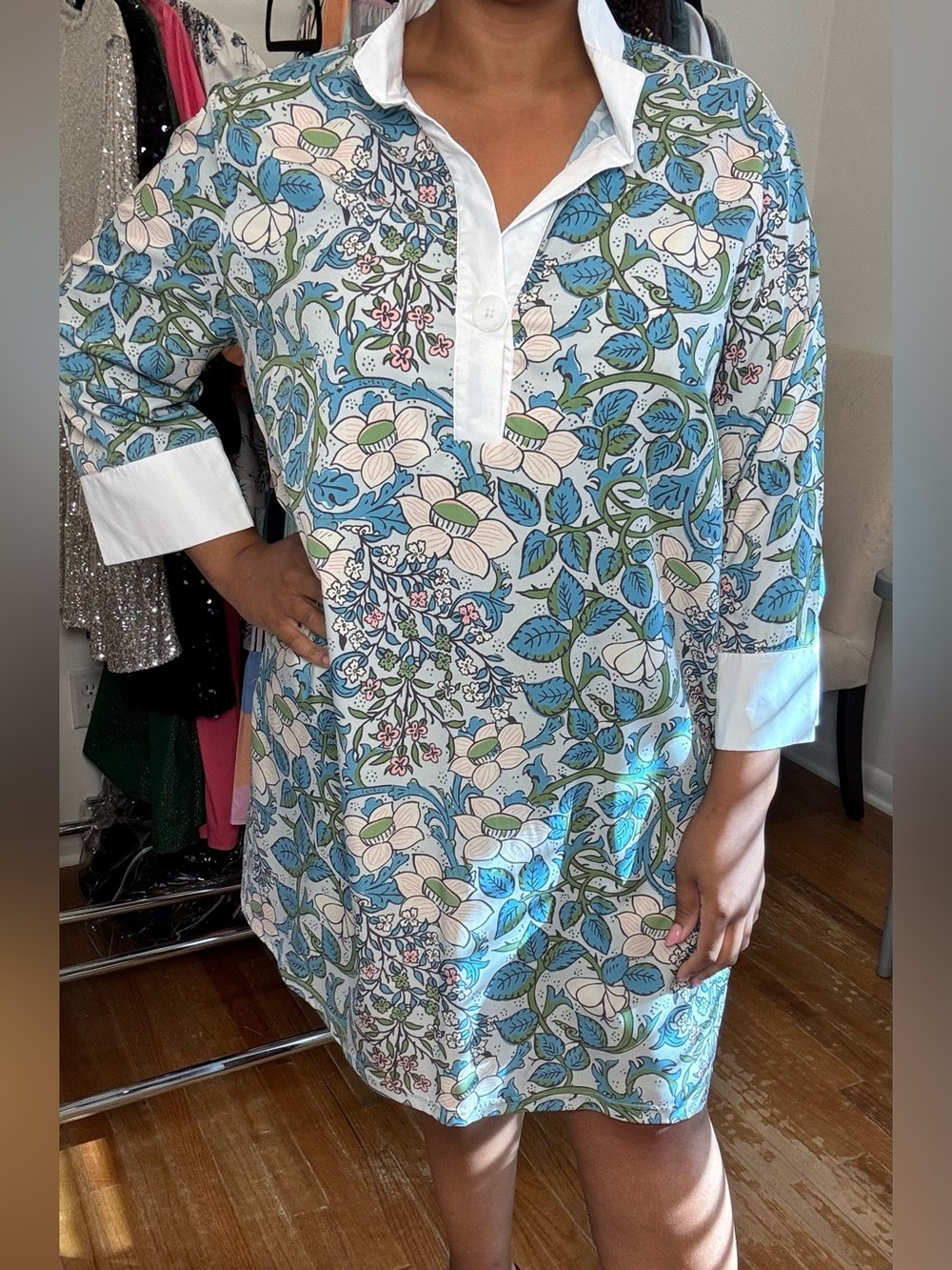 Floral Print Tunic Dress in Blue and White